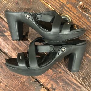 Black CROCS block heel sandals